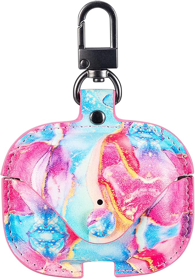 Genuine Leather Case Compatible with AirPods Pro Case 2nd/1st Gen (2023/2022/2019), VOMA Protective Cover for Apple AirPods Pro 2/Pro Wireless Charging Case with Keychain and Snap Lock Colorful Marble