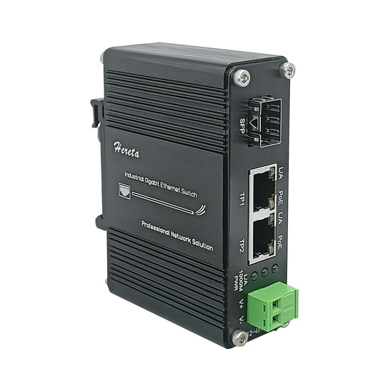 Gigabit Industrial Ethernet Media Converter POE+ 30W Aluminum Case 2 RJ45 Port 1 SFP Port Supports External SFP Modules 12~48V DC Input Power