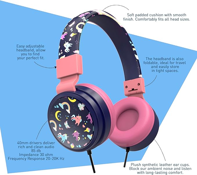 Gabba Goods Kids Safe Headphones, Foldable Tangle-Free 3.5mm Jack, Volume Limiting 85/94dB, Over-Ear with Microphone for School/Toddlers/Teens/Boys/Girls/Ipad/Tablet/Kindle/Phones/Travel/Plane