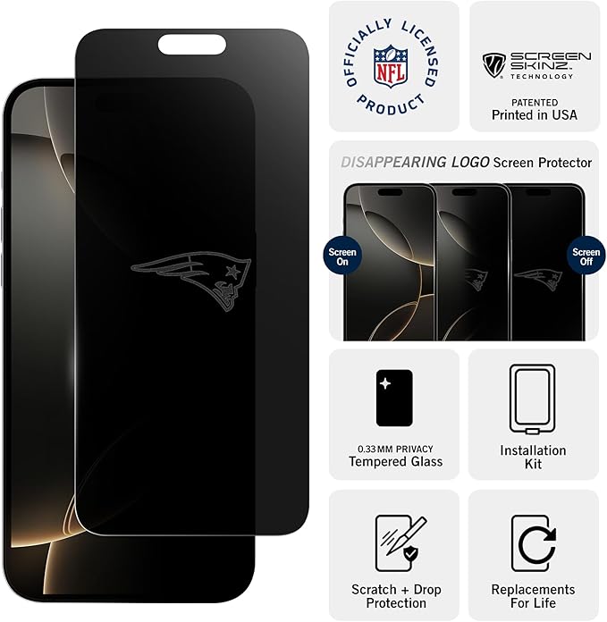 NFL New England Patriots Privacy Screen Protector for iPhone 14 Pro with Disappearing Logo - Scratch-Resistant and Easy-to-Install Screen Protectors (Includes Installation Tray)