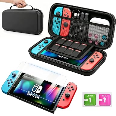 Ounfnoe Carrying Case Compatible with Nintendo Switch and Switch OLED Model 2021, Portable Travel Carry Case/Game Bag with 10 Game Cartridge Slots, Black Comes with Tempered Glass Screen Protector