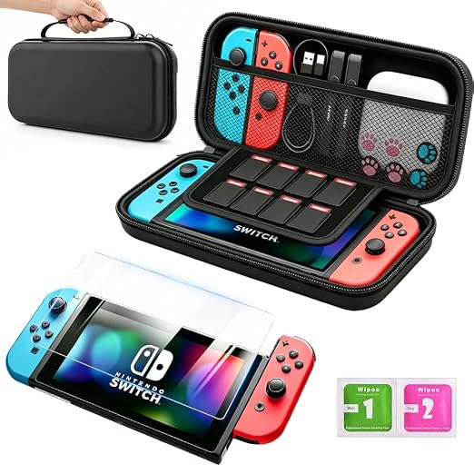 Ounfnoe Carrying Case Compatible with Nintendo Switch and Switch OLED Model 2021, Portable Travel Carry Case/Game Bag with 10 Game Cartridge Slots, Black Comes with Tempered Glass Screen Protector