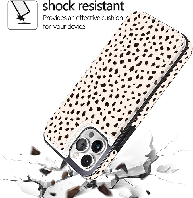 uCOLOR Compatible with iPhone 14 Pro Max 6.7" Wallet Case with Card Holder Folio Flip PU Leather Kickstand Card Slots Double Magnetic Clasp and RFID Blocking Cover 6.7 Inch (Almond Latte Polka Dot)