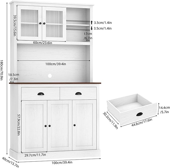 GarveeHome Kitchen Pantry Storage Cabinet, 71 in Tall Wood Pantry with Microwave Stand, Modern Kitchen Hutch Cabinet, Coffee Bar Hutch with Wine Rack for Dining Room, Living Room, White
