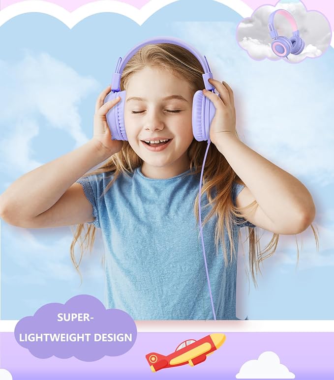 Upgrade USB Type C Kids Headphone for School, 94dB Safe Volume Limited, HD Stereo Sound, Foldable Lightweight On-Ear Headphones for Boys/Girls/Students/Tablet/Travel(Light Purple)