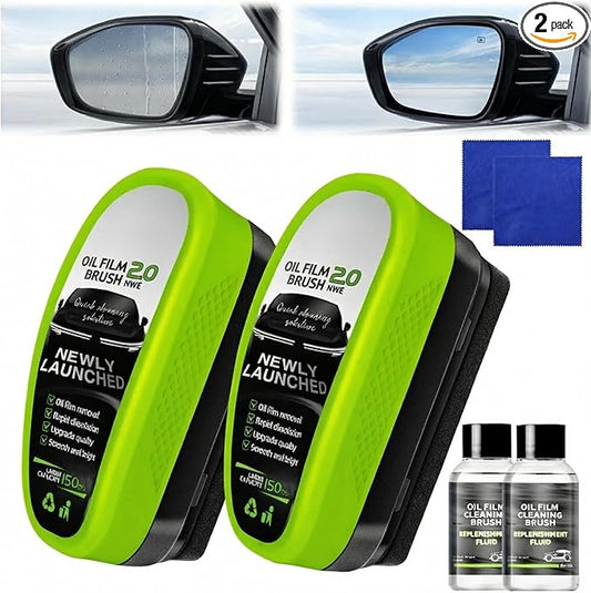 Automotive Oil Film Cleaning Brush, Clear Vision Glass Cleaner, Oil Film Cleaning Brush for Car Windows, Rain Fog and Dirt Removal, Windshield Cleaner Tool, Universal Glass Wipe Board (Green, 2PCS)