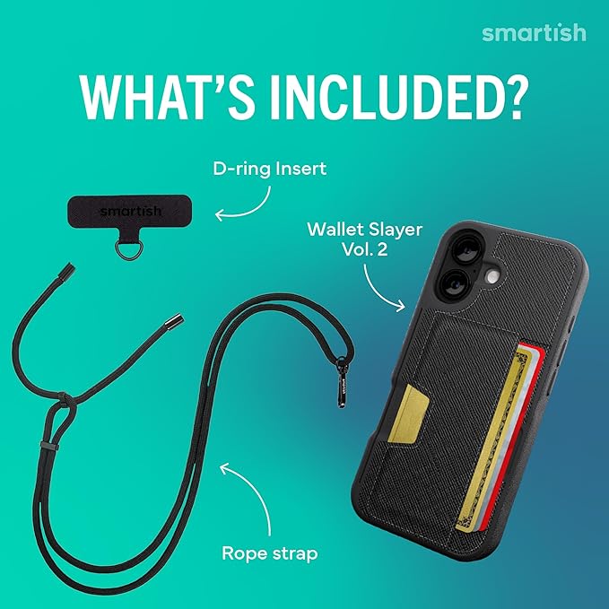 Smartish® iPhone 17 Wallet Case + Crossbody Lanyard Strap - [Slim + Protective] Phone Case Credit Card Holder + Universal Detachable Shoulder Neck Strap for Apple iPhone 17 - Black Tie Affair