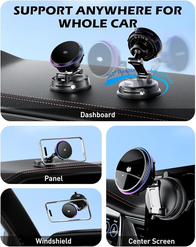 CloudValley 25W Wireless Car Charger Mount with RGB Light, Magnetic Car Phone Holder with Cooling Fan & 45W Adapter, 360° Rotating Vacuum Suction Mount, Design for MagSafe iPhone 17/16/15/14/13