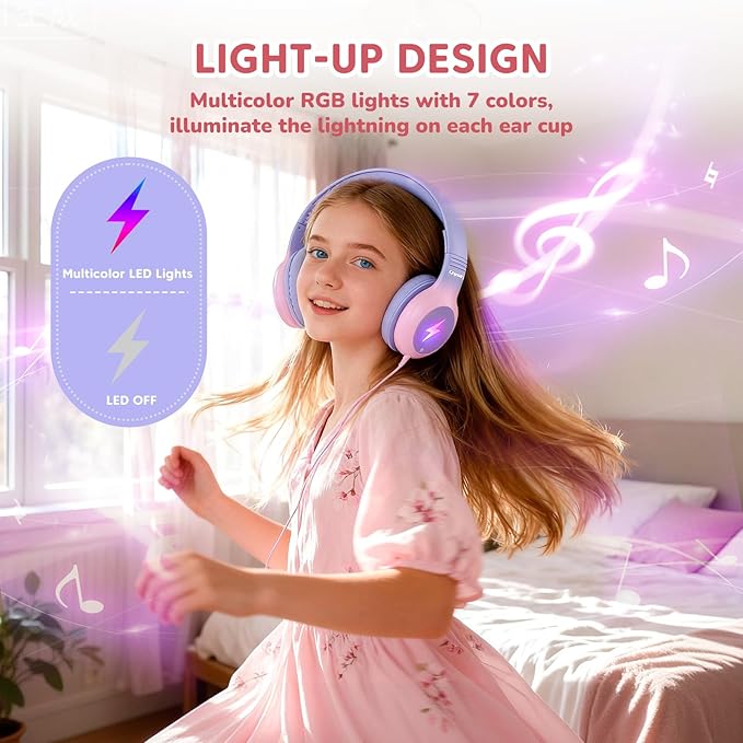 USB Type C Kids Headphones, Wired Headphones for Kids with Microphone/LED Lights, 85/94dB Volume Limit, Stereo Sound, Foldable Over-Ear USB-C Headphones for School/Travel/Tablet/iPad, Purple