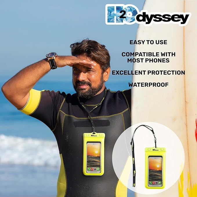 H2ODYSSEY Waterproof Phone Case and Lanyard - Excellent Waterproof Protection - Floats in The Water -Lanyard for Beach Kayak Travel - Universal Size - Yellow