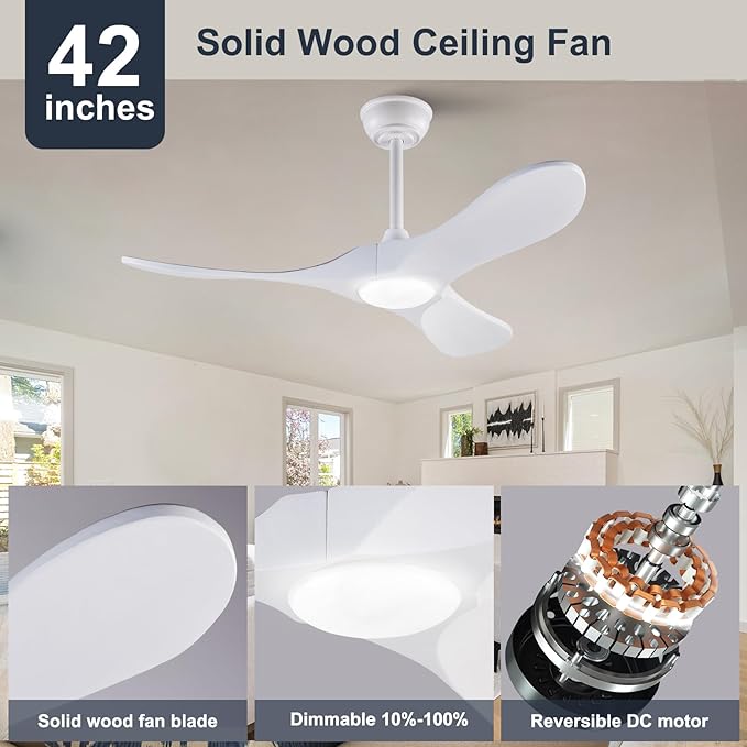 42 Inch Ceiling Fan with Lights and Remote control, Reversible DC Motor Wood Ceiling Fan with Remote Control, 3 Blades White Modern Ceiling Fans with Light for Outdoor Indoor Living room Patios