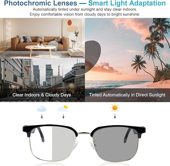 AI Smart Glasses, Bluetooth Audio Glasses with Real-Time Translator for 164 Languages, No subscription for APP, Photochromic Lens, Spring Hinges, Bluetooth Glasses for Travel/Work/Study(Gold)