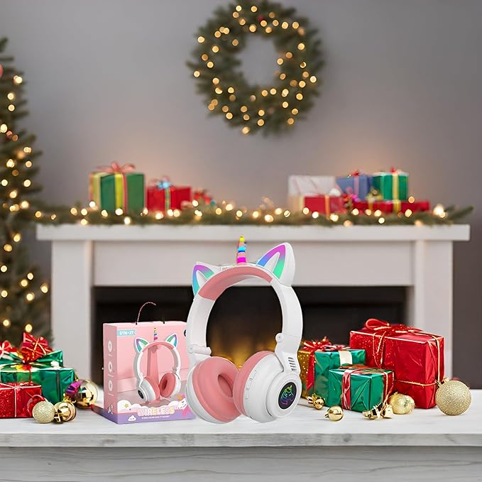 Unicorn Kids Headphones for Girls, Unicorn Bluetooth Headphones Foldable for Girls Toddlers Tablet/pad/Amazon fire,Light Up Kids Wireless Headphone Birthday Gifts (White Pink)