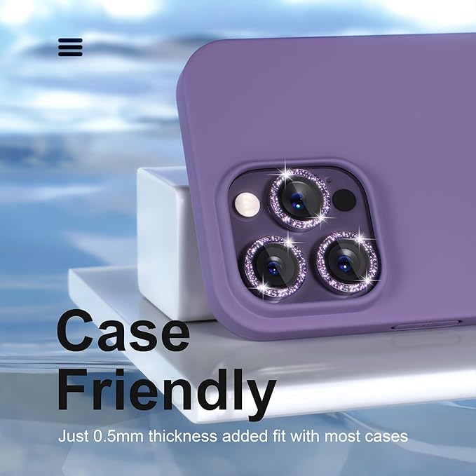 Misea [3+1] for iPhone 14 Pro/iPhone 14 Pro Max Camera Lens Protector Bling, 9H Tempered Glass Camera Cover Screen Protector Metal Individual Ring Protector Decoration Accessories, Purple Glitter