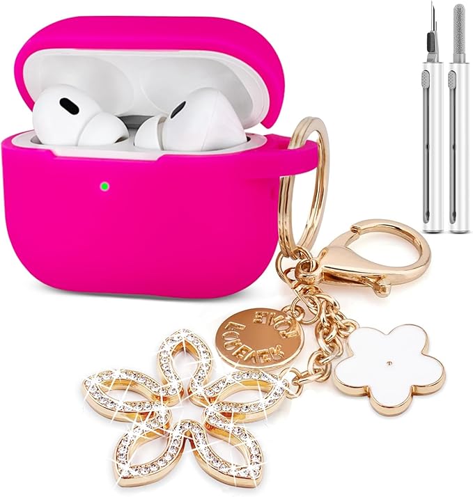 Compatible with AirPods Pro 2nd Generation Case with Cleaner Kit, Silicone Protective Case for Apple AirPod Pro 2nd/1st Earbuds Wireless Charging Cases with Bling Keychain (Hot Pink)