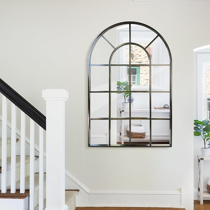 Arched Windowpane Wall Mirror 30"x48" Bronze Wall Mounted Art Pane Mirror Farmhouse Decorative Mirror Leaning Hanging Wall Mirror for Bedroom Living Room Entrance Hallway Wall Decor