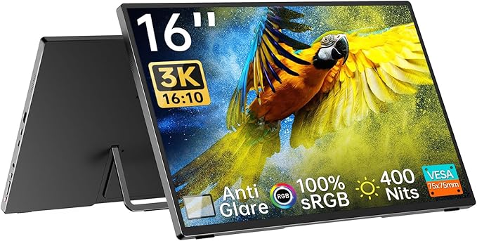 Intehill 16" Portable Monitor 3K, 3072x1920 Portable Display, 16:10 Anti-Glare Portable IPS Display with Tempered Glass, 100% sRGB HDMI Portable Laptop Screen, Travel Monitor with Kickstand, U16ZA
