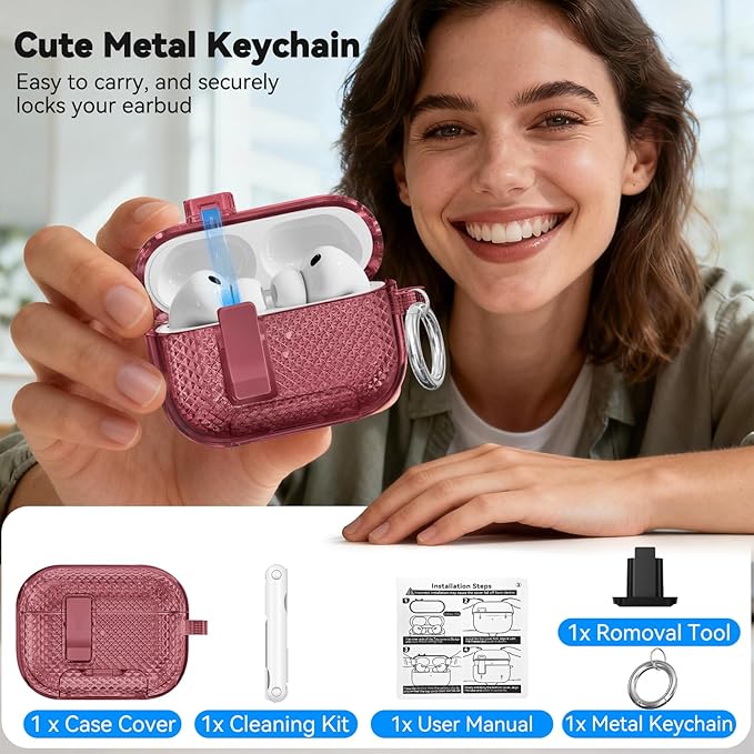 for AirPods Pro 3 Case with Phone Stand & Secure Lock, Auto-Open Clear Case Cover Compatible with Apple AirPods Pro 3rd Generation with Cleaning Kit & Keychain