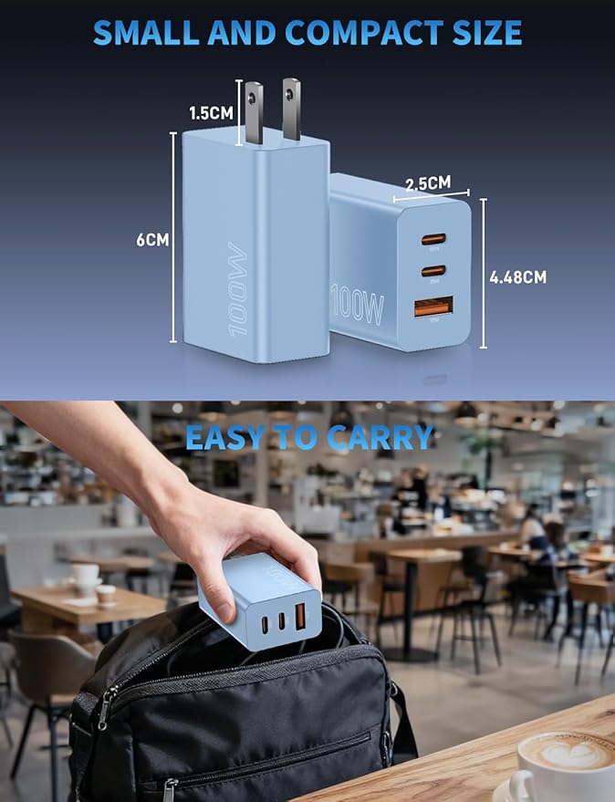 2Pack 100W USB C Charger Block, 3Port Fast Charging Adapter, Type C Fast Charging Blocks Cube PD USBC Wall Plug+QC3.0 USB A Charger Brick for MacBook Pro/Air,iPad,iPhone 17/16,Samsung S25 &More-Blue