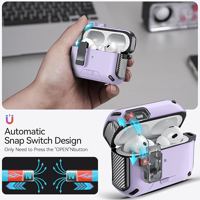 for AirPods Pro 2nd/1st Case (2023/2022/2019) with Phone Stand,（with Automatic Snap Switch） Carbon Fiber Design Protection Cover with Cleaning Pen,Purple