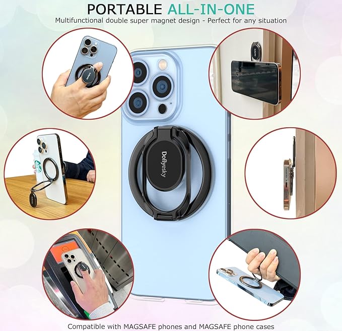 Magnetic Phone Ring Holder with Magsafe, Double Adjustable Gym Finger Ring Grip, Removable Phone Grip, for iPhone, iPad and Smartphones, Compatible with Magnetic Car Mount (Colorful)