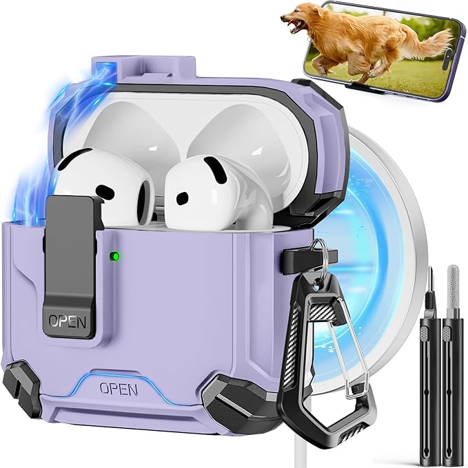 Compatible with AirPods 4 Case,Magnetic Automatic Lock with Phone Stand & Cleaning Kit,Compatible with Magsafe Cover -Purple