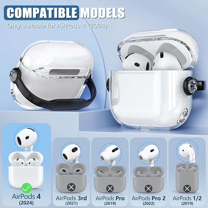 Safety Lock for Airpods 4 Case,TPU Clear Case for Apple Airpods 4 Case 2024 USB-C with Cleaner Kit, Drop Protection Airpods 4 Case Cover for Men for Women with Lock and Keychain, Clear+Black