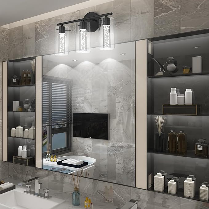 Tipace Modern Vanity Light,3-Light Black LED Vanity Light Fixture,Crystal Bathroom Lighting Fixtures Over Mirror,Wall Lighting Fixtures for Bath,Wall Sconce for Bedroom Living Room,6000K White Light