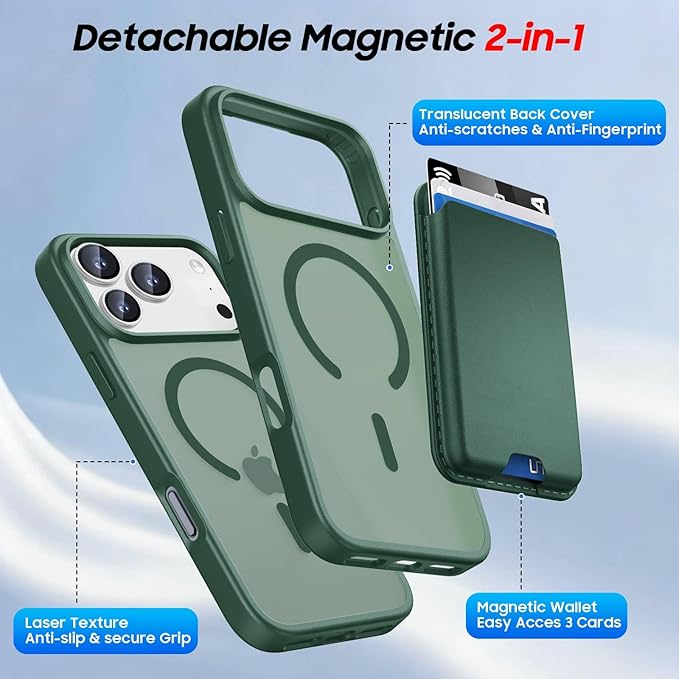 Magnetic for iPhone 17 Pro Max Case with Detachable Wallet, Compatible with MagSafe, Credit Card Holder with Slim Shockproof Protective Phone Cover, Green
