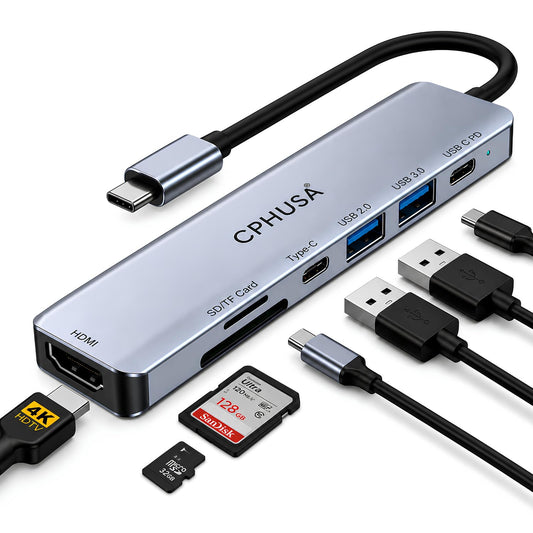 USB C Hub 7-in-1 for MacBook Pro/Air, Multiport Adapter with 4K HDMI, 100W PD Charging, USB 3.0, SD/TF Card Reader, USB-C Docking Station for MacBook, Dell, HP