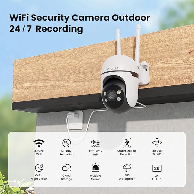 WiFi Security Cameras Wireless Outdoor Wired, Plug-in Outdoor Security Cameras for Home Security, 24/7 Recording, Human Detection, PTZ, 2K HD Color Night Vision, 2.4Ghz WiFi Only, 2-Way Talk, 2 Packs