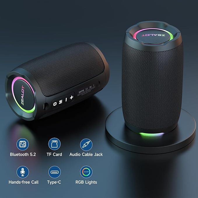 ZEALOT Portable Speaker 20W, Bluetooth Speaker Waterproof, Bocinas Bluetooth, IPX6 Waterproof, Wireless Pair, Clear Stereo Audio/BT5.2/ RGB Light/USB/TF, for Home/Outdoor/Beach