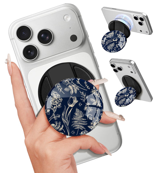 Kidcube Magnetic Phone Grip Compatible with Magsafe - Cell Phone Grip Stand Ring Holder Magnet Kickstand Removable Accessories for iPhone 16 Pro Max/16/15/14/13/12 Series Women Cute Blue Floral