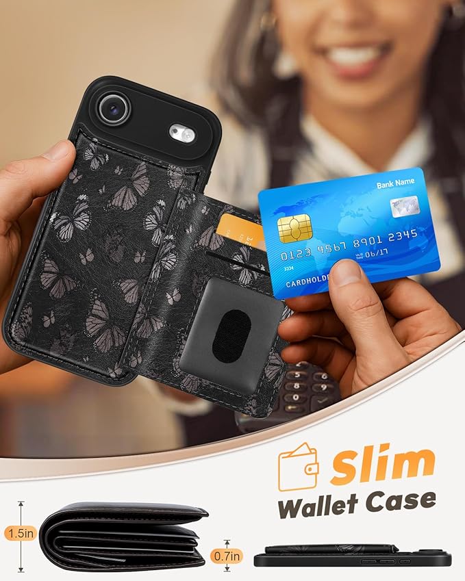 for iPhone 17 Air Case with Wallet - Fits 4 Card Slots,Compatible with MagSafe for Women Aesthetic Durable PU Leather Credit Card Holder Kickstand Phone Cover for Apple 17 Air, Black Butterfly