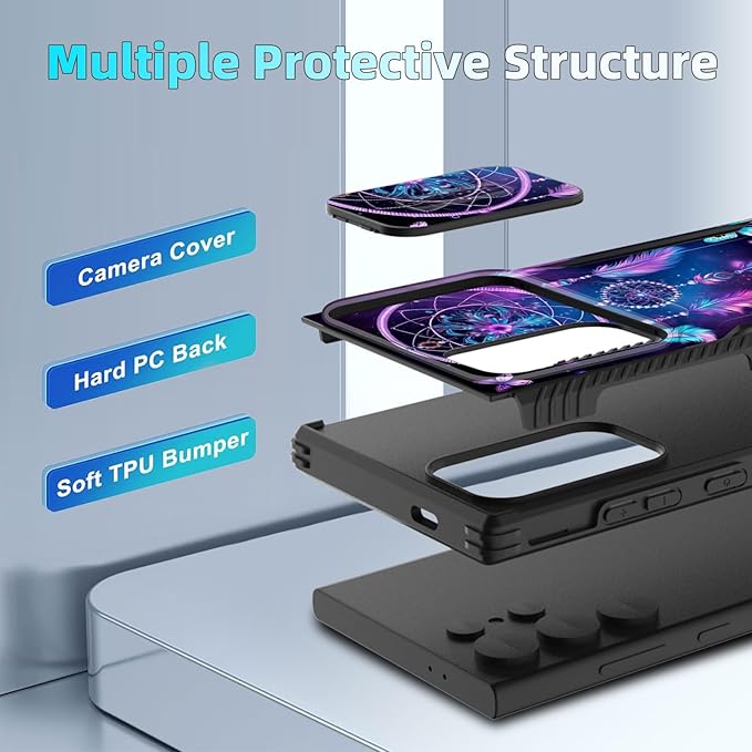for Galaxy S24 Ultra Case Built in Slide Camera Lens Cover,Heavy Duty Shockproof Protection Dual Layer Case for Samsung Galaxy S24 Ultra 6.8" 2024,Butterfly Dream Catcher