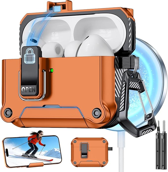for AirPods Pro 3 Case with Lock,Automatic Snap Switch Design with Phone Stand，Accessories with Cleaning Pen/Keychain/Tool,Compatible with Magsafe(Orange, AirPods Pro 3rd (2025))
