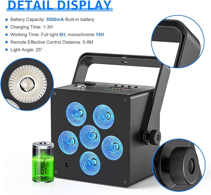 Battery Powered Stage Lights, LED Par Lights RGBWA+UV 60W, Rechargeable Par Can Light with 5500mAh Battery, Remote DMX Sound Activated Uplights for Events, Party, Wedding, Concert - 1Pc