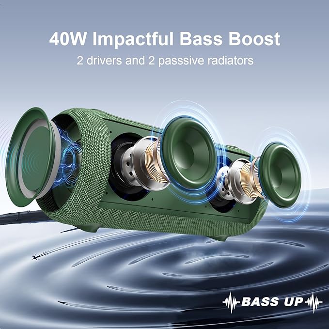 Passau Portable Bluetooth Speakers 40W Peak Loud Stereo Sound, Passive Radiators-Deep Bass, All Day Playtime, Adjustable Strap, BT5.3, IPX5 Wireless Speaker RGB Lights for Indoor Outdoor-Green