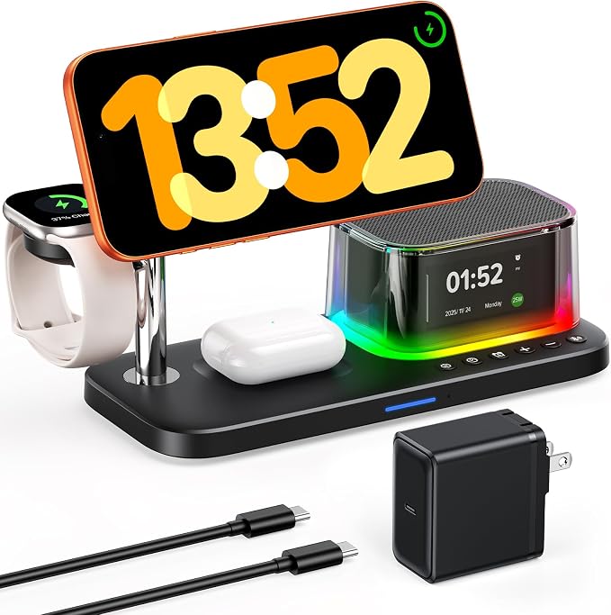 Meifigno 45W 5 in 1 Charging Station with Bluetooth Speaker and Alarm Clock & Night Light, Qi2.2 25W Fast Wireless Charger for MagSafe Charger for iPhone 17/16, Charger Stand for Apple Watch & AirPods