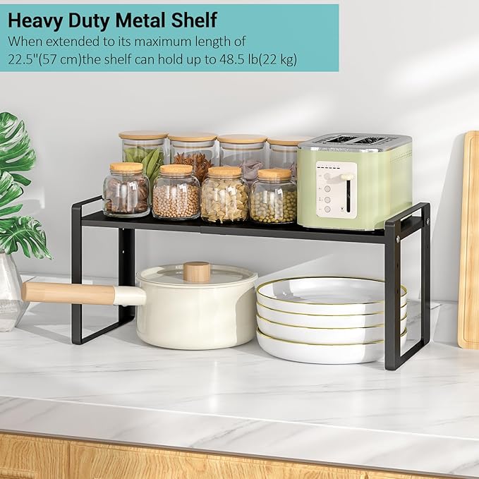 Expandable Kitchen Cabinet Organizer Shelves, Stackable Heavy Duty Metal Pantry Organizers, Adjustable Cabinet Shelf for Cupboard, Pantry & Under Sink Space Saver, Black, Patent Pending