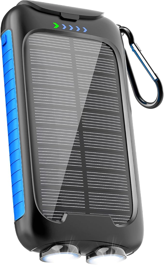 Solar Power Bank Portable Charger 15W Fast Charging with USB-A and USB-C Ports Battery Bank Compatible with iPhone, Samsung, Waterproof, Emergency LED Flashlights for Camping, Hiking, Dark Blue