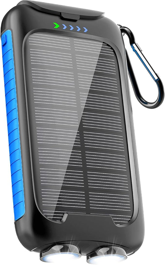 Solar Power Bank Portable Charger 15W Fast Charging with USB-A and USB-C Ports Battery Bank Compatible with iPhone, Samsung, Waterproof, Emergency LED Flashlights for Camping, Hiking, Dark Blue