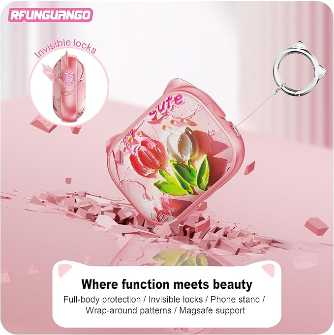 RFUNGUANGO is Compatible with AirPods Pro 3 Protective case, with Mobile Phone Holder Function, Multiple Colors Available, Suitable for AirPods Pro 3 Protective case,Pink + Tulips