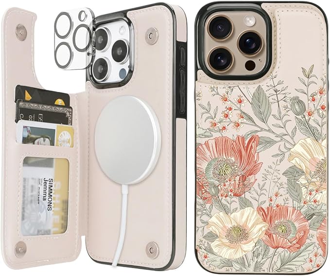 uCOLOR for iPhone 14 Pro Max 6.7" Wallet Case Magsafe with Card Holder Slot【Compatible with MagSafe】 Folio Flip PU Leather Double Magnetic RFID Design (Pink Vintage Flowers)