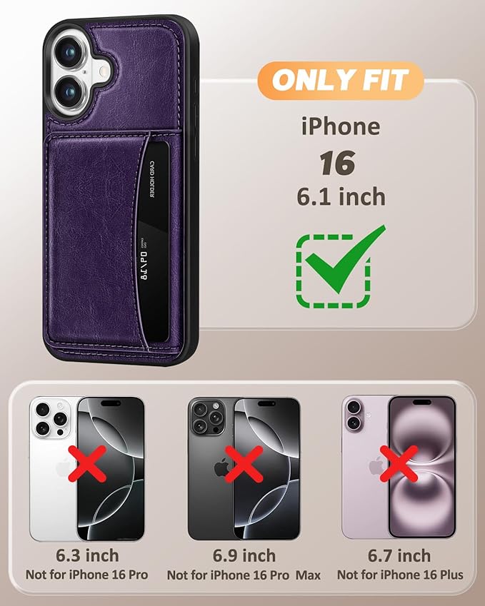 for iPhone 16 Wallet Case - Fits 4 Card Slots, Compatible with MagSafe for Women Aesthetic Durable PU Leather Credit Card Holder Kickstand Phone Cover for Apple 16, Purple