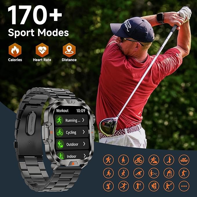 Smart Watch for Men Military Answer/Make Call 2.01″ Display 170+ Sports Modes Fitness Smart Watch IP68 Waterproof 30 Days Standby Smartwatch for Android iOS Silver (2 Straps)