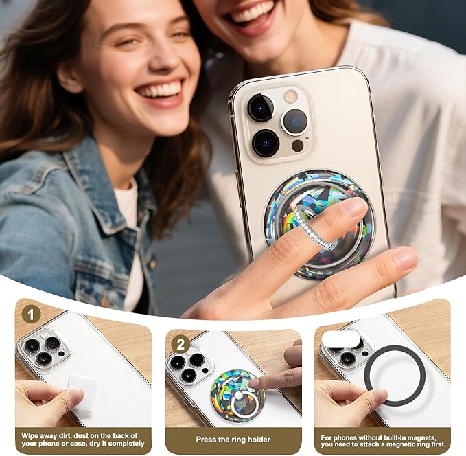 Transparent Magnetic Phone Grip Compatible with MagSafe Phone Ring Holder,360°Adjustable & Removable Silver Golden Diamond Laser Design Magnet Stand for Phones and Tablets