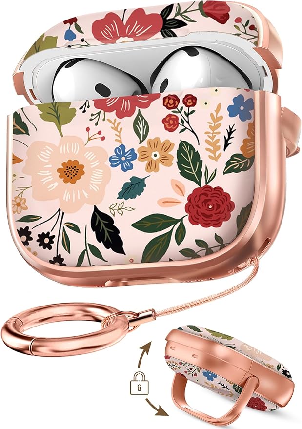 Coralogo for AirPods 4 Case with Safety Lock - Cute Cartoon for Women Girls Fashion Stylish Beige Flower Pattern Design Kawaii Girly Girlish Hard Protective Cover for AirPods 4th Generation 2024