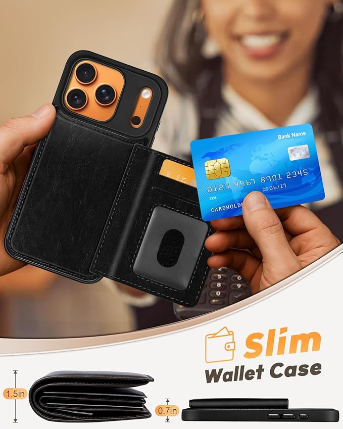 for iPhone 17 Pro Case with Wallet - Fits 4 Card Slots, Compatible with MagSafe for Women Men Durable PU Leather Credit Card Holder Kickstand Phone Cover for Apple 17 Pro, Black