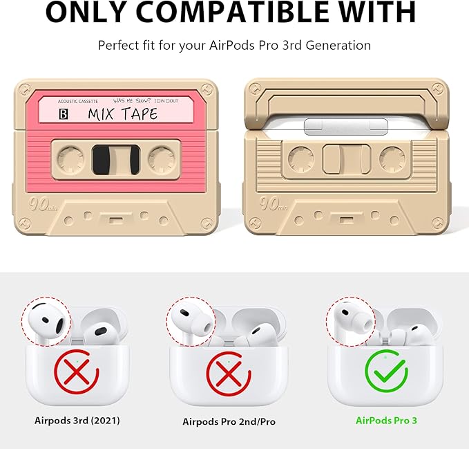 AirPods Pro 3 Case Cover, KOREDA Funny Cassette Tape Design Case for Airpods Pro 3rd Generation 2025, Cute Cartoon Fashion Silicone Protective Case for Women Men (Cinnamon Powder)